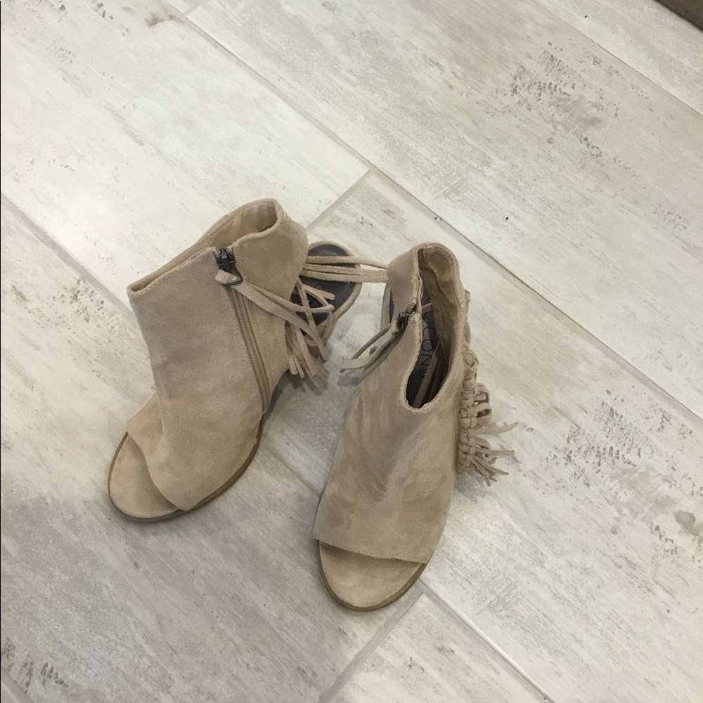 Suede open booties with fringe worn twice